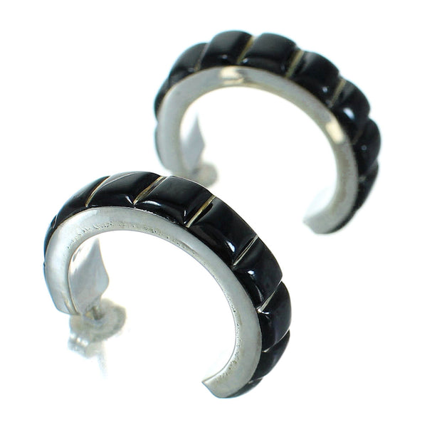 Southwestern Jet Inlay And Sterling Silver Post Hoop Earrings WX66598